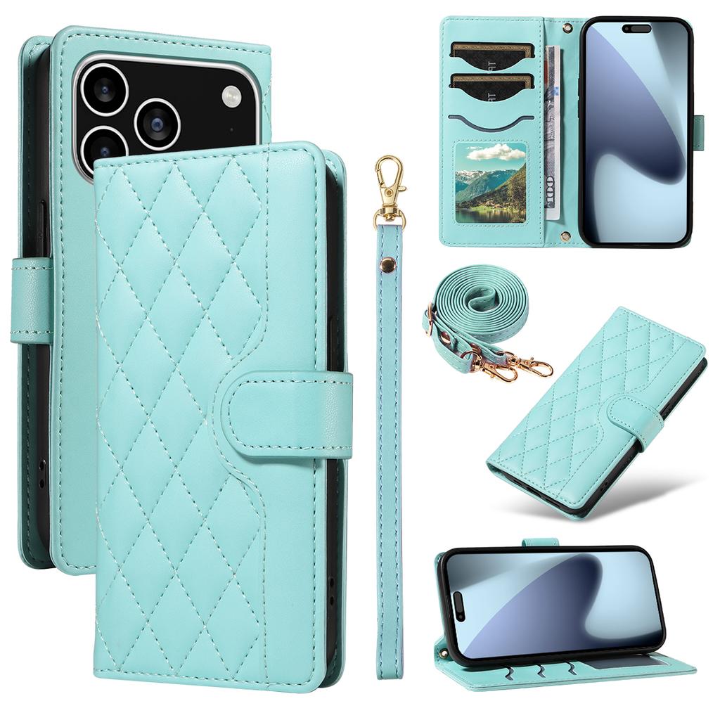 For iPhone 17 Pro Wallet Case Rhombus Leather Phone Cover with Strap