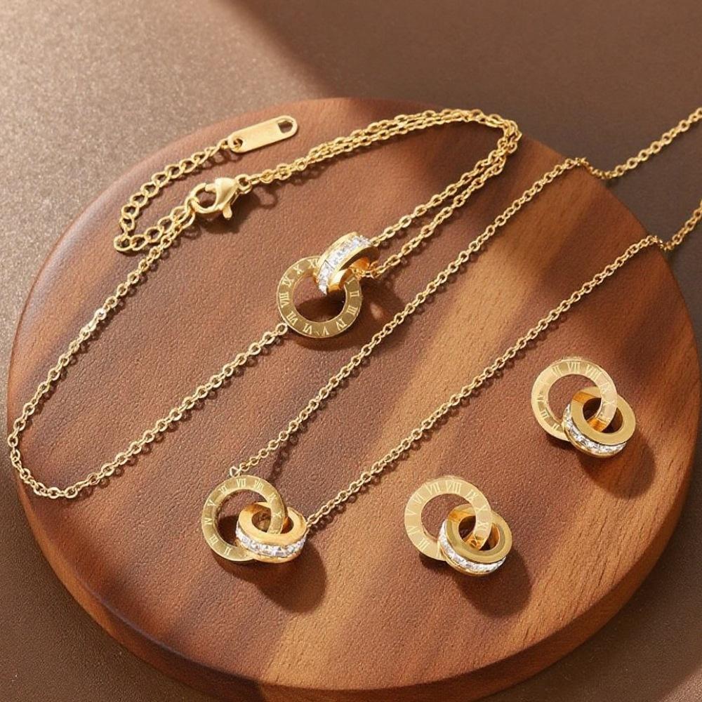 Yupsk 4Pcs/Set Stainless Steel Circles Roman Numbers Necklace Bracelet Earrings for Women Simple Versatile Daily Jewelry