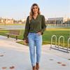 Women's Corduroy V-Neck Long Sleeve Button Front Blouse with Puff Sleeves, Ruffle Trim and Loose Fit