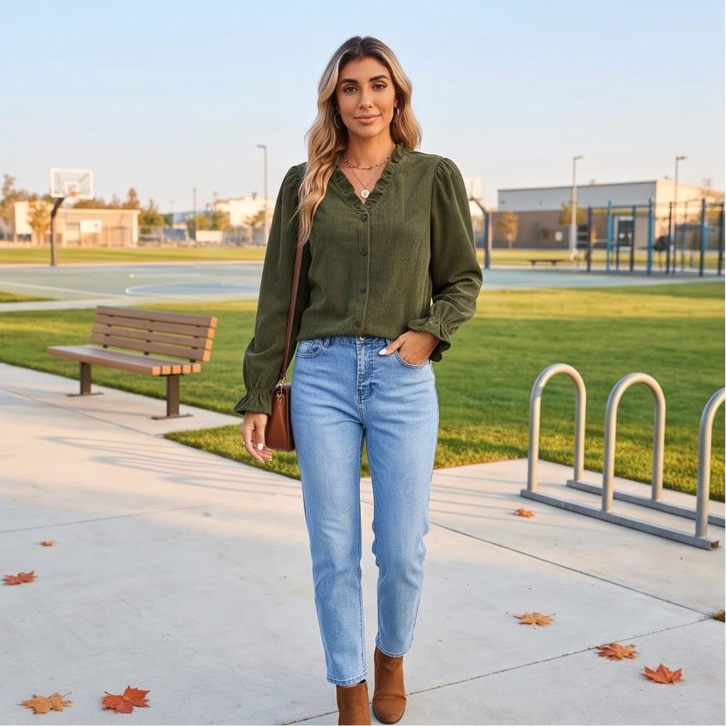 Women's Corduroy V-Neck Long Sleeve Button Front Blouse with Puff Sleeves, Ruffle Trim and Loose Fit