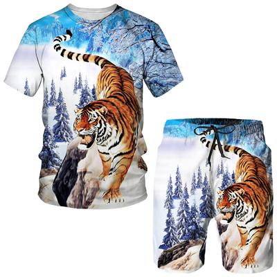 Summer Tiger 3D-trykt T-skjorter for menn Shorts Dress Jogging Joggedress Kult dyremønster par antrekk Todelt sportstøysett