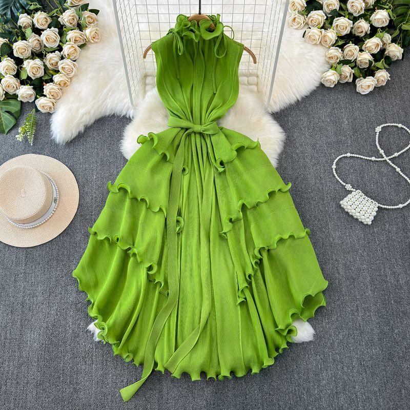 

Wooden Ear Silm Long Pleated Chiffon Dress Emerald green All yards