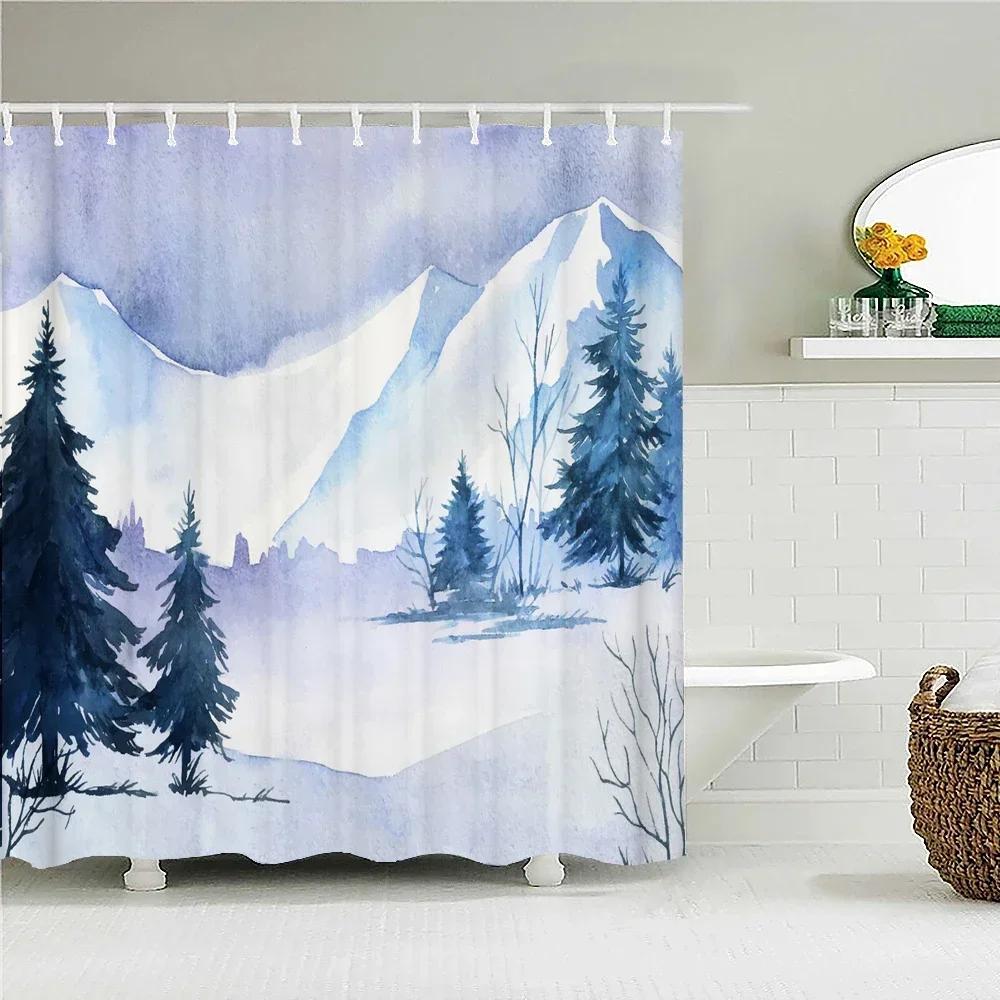 Winter Forest Shower Curtains Snow-Covered Pine Alpine Peaks Idyllic Early Morning Scenery Seasonal Christmas Elk Bathroom Decor