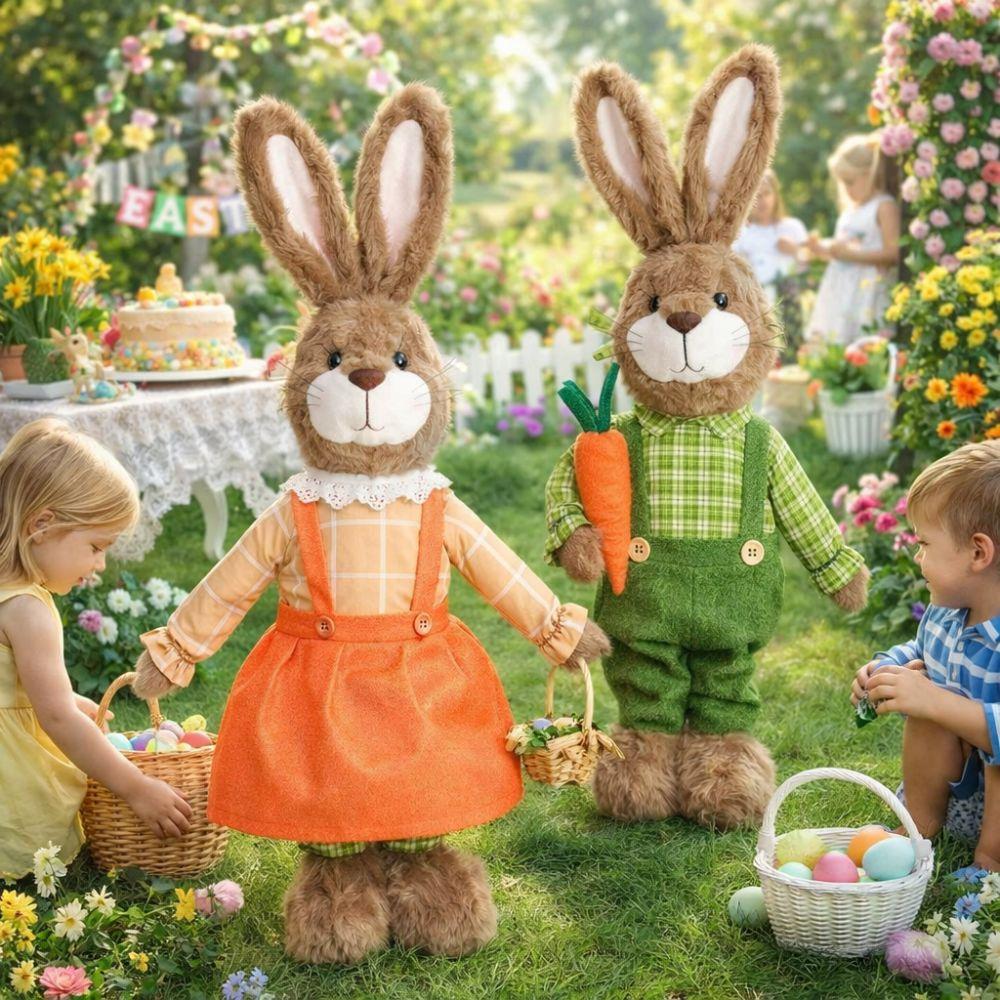 Cartoon Easter Rabbit Ornament DIY Handmade Pastoral Style Bunny Telescopic Doll Long Leg Retractable Bunnies Figurines