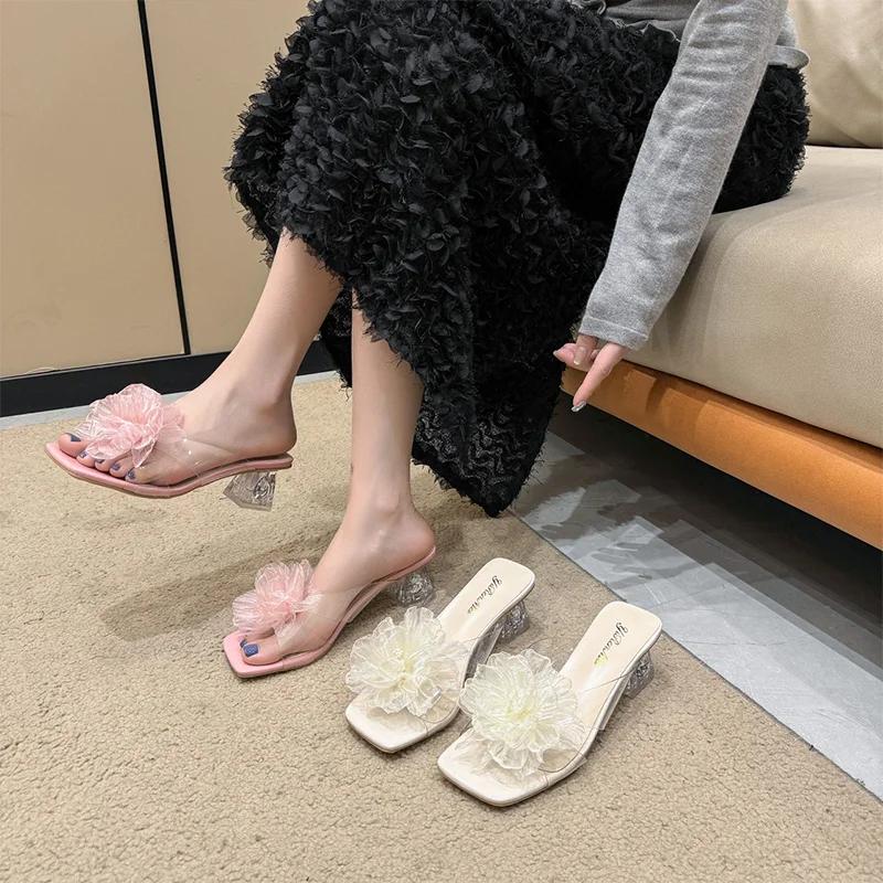 Fashion Flower Women Slippers Fashion High Heels Shoes Dress Cozy Pumps Designer Woman Sandals 2025 Summer Trend Brand Mujer Zapatillas