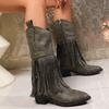 Autumn And Winter Belt Buckle Tassel Boots, Studded Belt Buckles, Large Size Pointed Toe Mid-Calf Boots