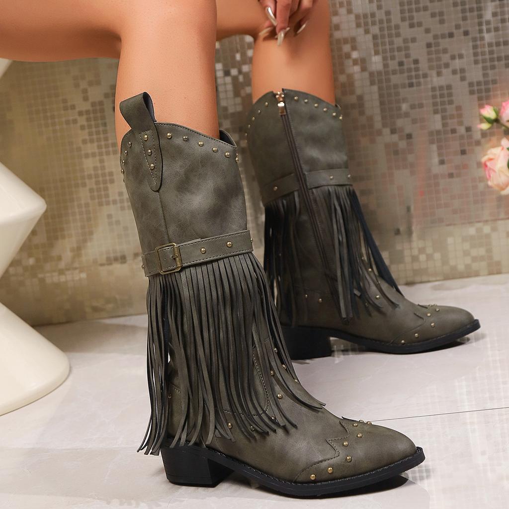 Autumn And Winter Belt Buckle Tassel Boots, Studded Belt Buckles, Large Size Pointed Toe Mid-Calf Boots