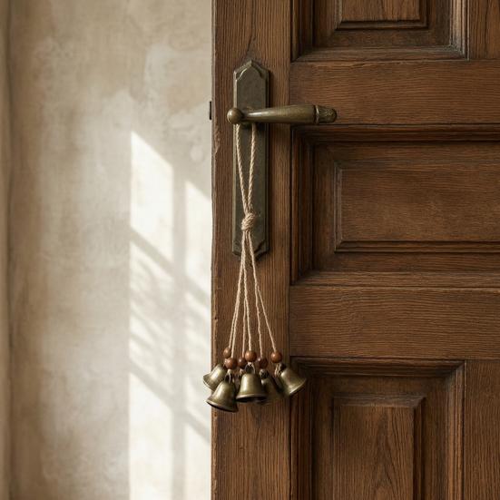 Vintage Bronze Bell Craft Bohemian Metal Pendant with Wooden Beads & Jute Rope, Retro Rustic Garden Chime Hanging Wind for Home Window Door