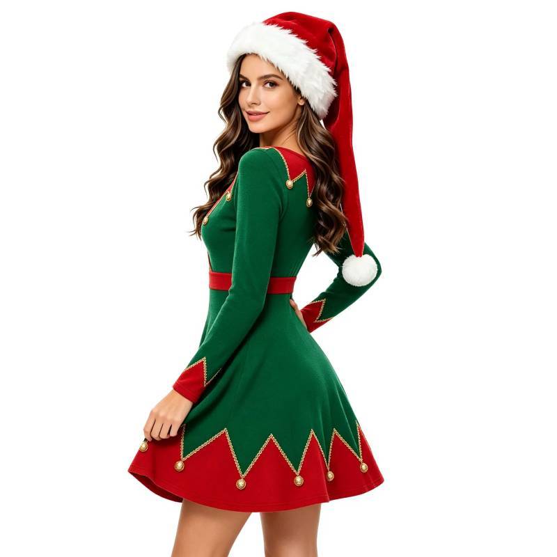 Christmas Elf Girl Costume Dress With Long Sleeves For Holiday Party Performances