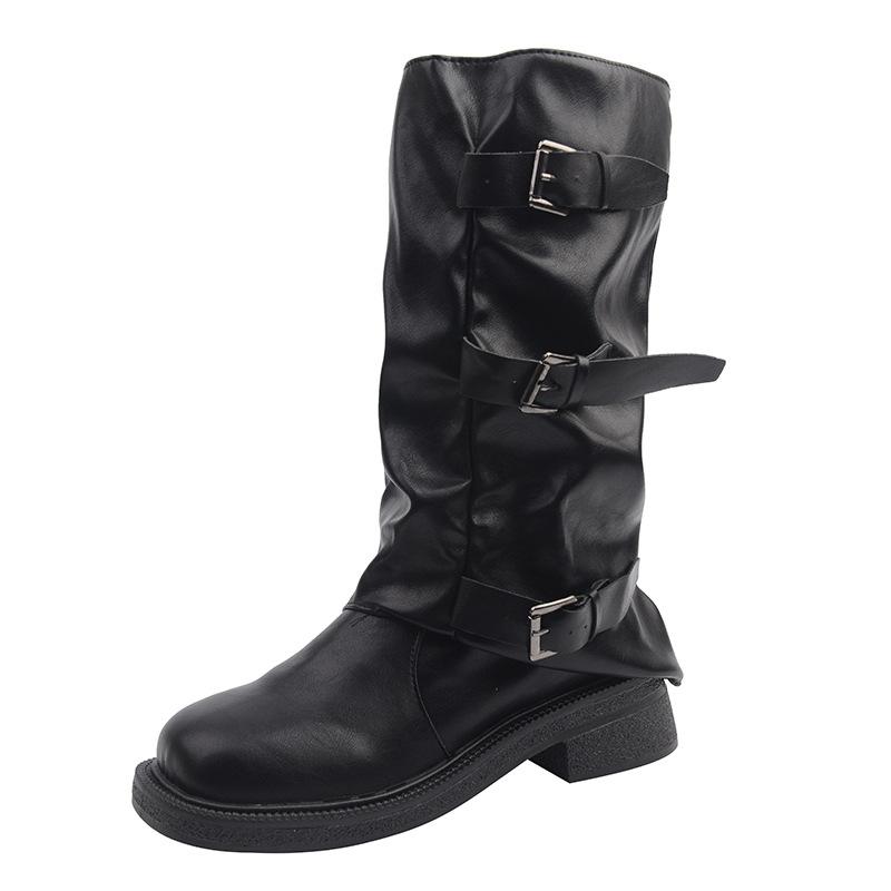 

Black Belt Buckle Martin Boots Women s Autumn and Winter New Square Heel Pleated Pants Boots Women s Black 40