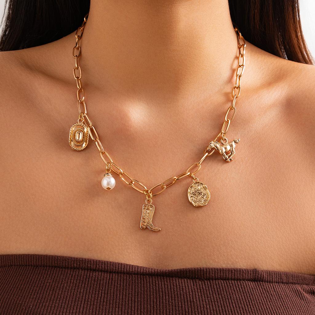 IngeSight.Z Ethnic Vintage Horse Cowboy Hat Boots Imitation Pearl Pendant Necklace Bracelet Woman Personality Party Jewelry Sets