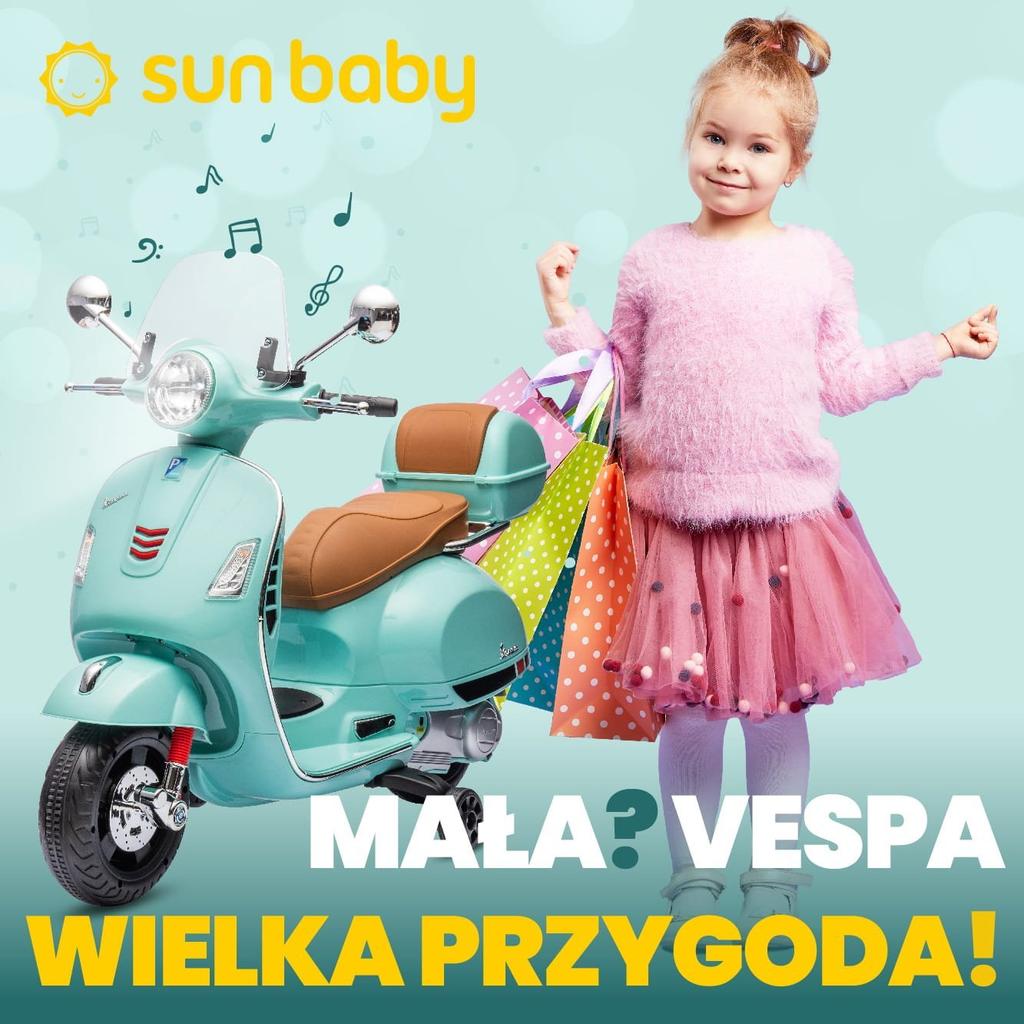 Jeździk Dla Dziecka Skuter Vespa Na Akumulator Z Kuferkiem Turkusowy Sun Baby
