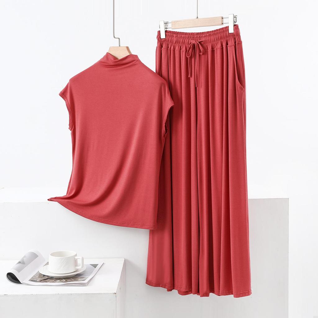 Summer High-Neck Sleeveless Top & Color Block Wide-Leg Pants Two-Piece Set