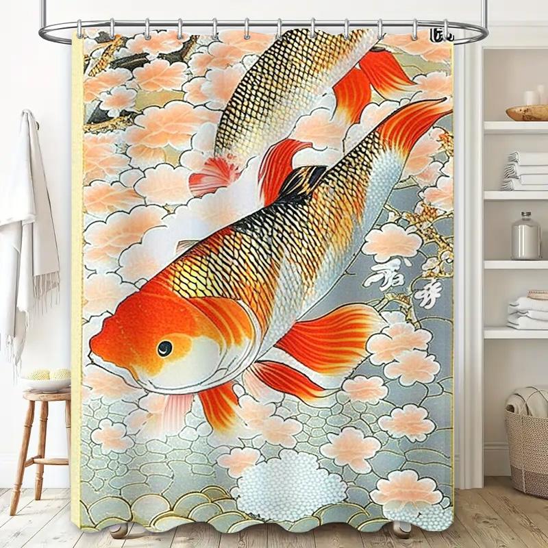 Modern Bathroom Decor Creative Fish Print Shower Curtain Set For Home Bathing Area With Hook Rods Includedpeach Blossom Design I