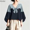 Women Casual V-neck 3/4 Sleeve Loose Patchwork Blouse