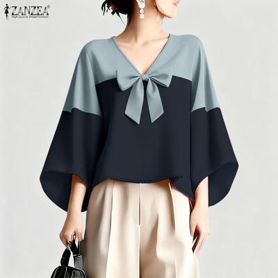 Blouse décontractée pour femme à col en V, manches 3/4, coupe ample, patchwork