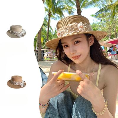 Summer Beach Vacation Sun Protection Hat French Lace Bow Tie Flat Top Hat Women Travel Big Brimmed Straw Hat