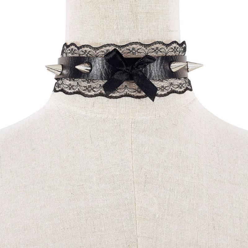 Lace Bowknot PU Pendant Short Necklace for Women Trend Cosplay Clavicle Choker Adjustable Collar Girls Party Jewelry