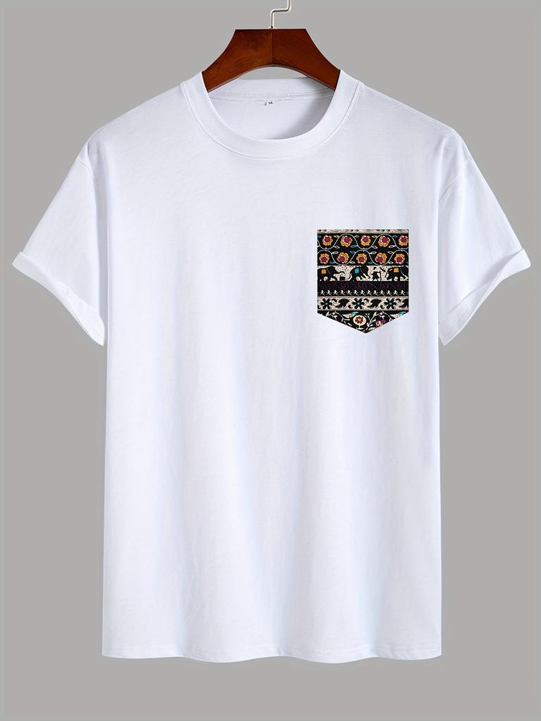 Unisexs pure cotton fashionable casual loose ethnic style pocket pattern printed round neck short sleeved Tshirt top