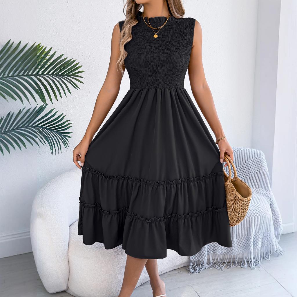Women's Fashionable Color Round Neck Casual Sleeveless Dress With A Gathered Waist And Black Fungus Edge