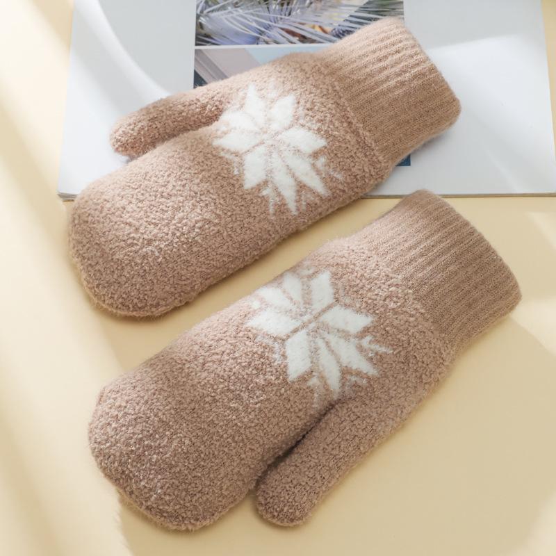 Korean-Style Cute Snowflake Lamb Wool Fingerless Winter Gloves: Thick, Warm, Double-Layered Mittens for Students.
