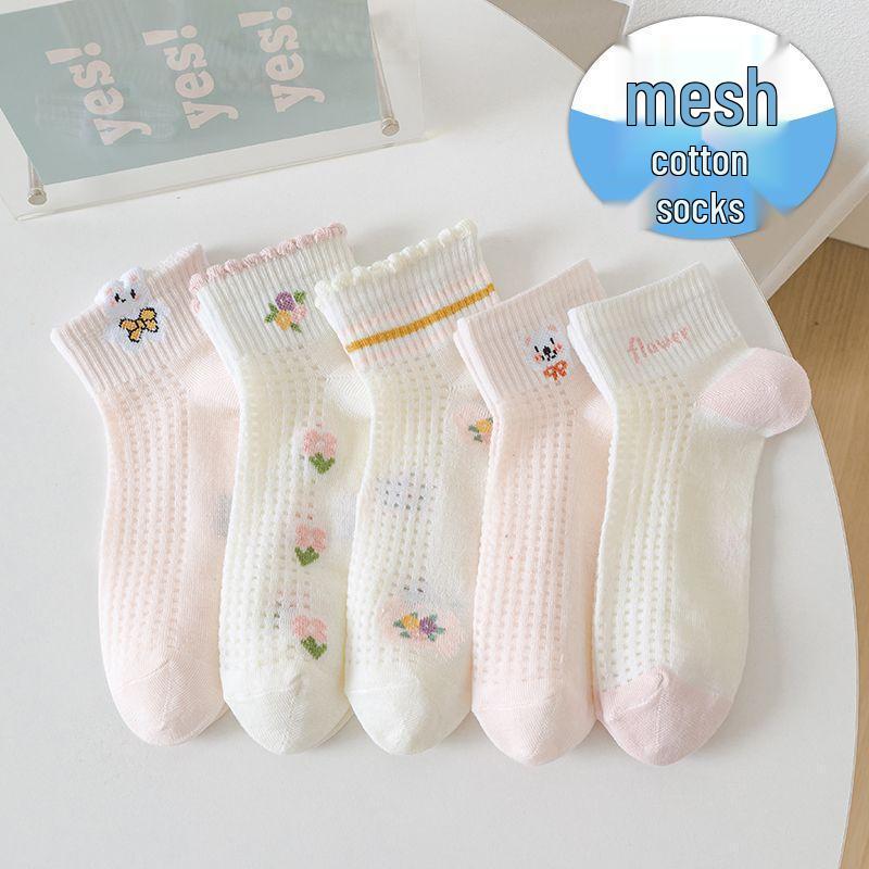 5 Pairs of Breathable Mesh Mid-Calf Lace Socks for Baby Girls - Perfect for Spring/Autumn