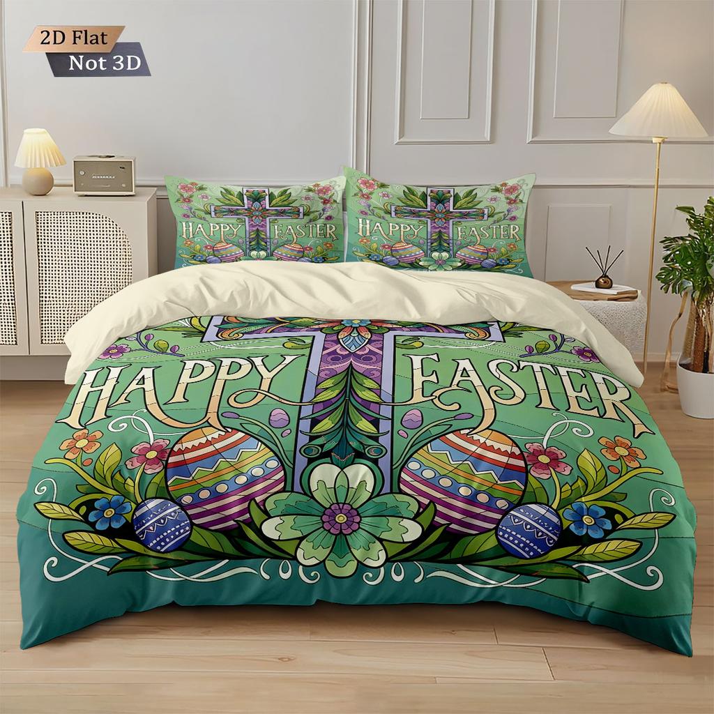 3pcs Easter Happy Cross Green Printed Core free Down Duvet Cover Set Comfortable Bedroom Bedding Decoration Machine Washable