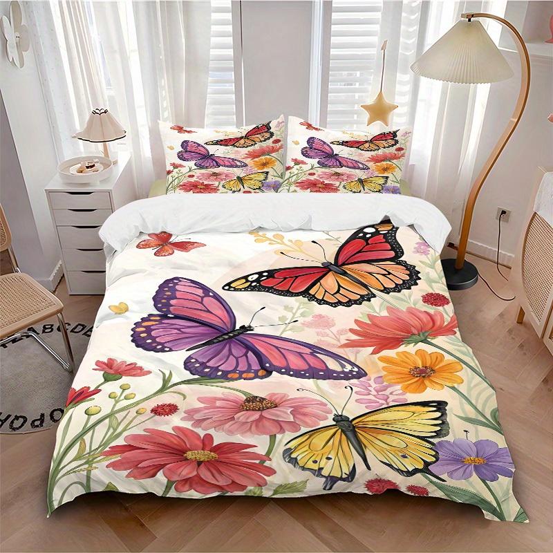 

3pcs Butterflies Flowers Bedding Cover Set, Fashion Classic Popular Print Bedding Set, Soft Comfortable, All - Season Use, For Bedroom, Guest Room136 135x200cm