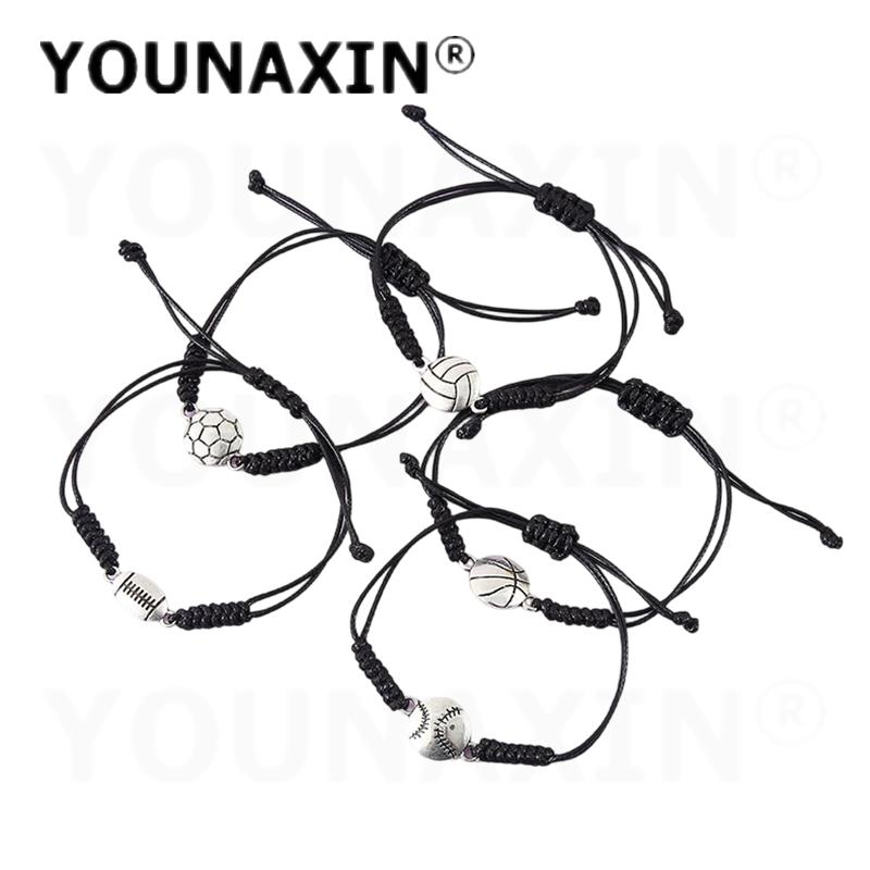 5 Pcs/Set Unisex Sports Ball Charm Braided Bracelet Baseball Basketball Football Volleyball Alloy Charm Wristband Fan Gift For Team Party