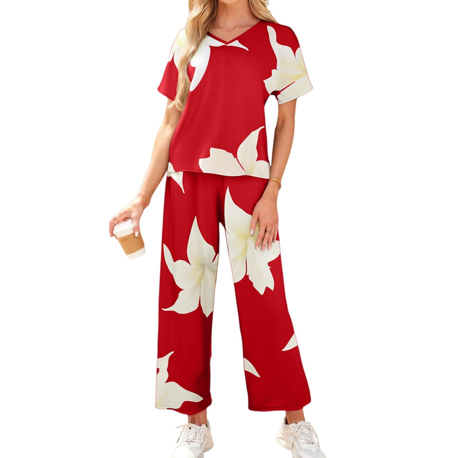 

Women s Casual Vacation V-Neck Sleeve Top And Trousers Fashion Print Two Piece Set M