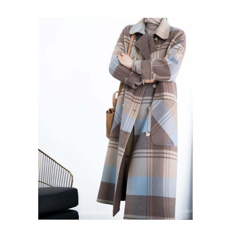 Tooxika Plaid Woolen Coat Winter New Style Over Knee Double-breasted Large Pockets Loose Mid-length Coat