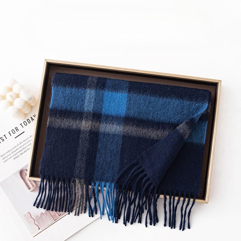 Scarf Women's Autumn and Winter Korean Style Pure Cashmere Scarf Thickened Men's Dark Blue High End Plaid Versatile Couple Scarf