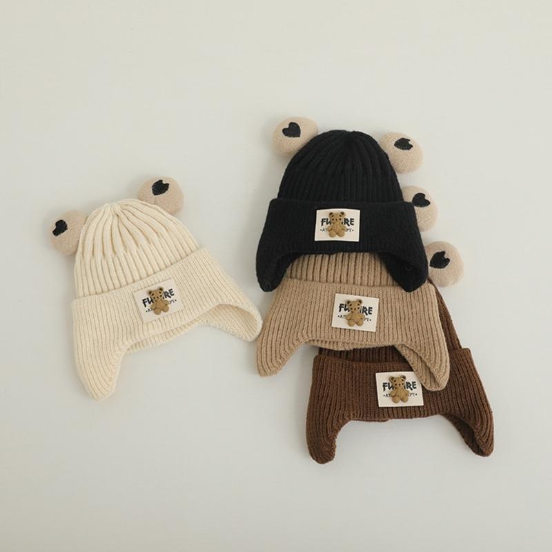 Autumn Warm Baby Knit Hat Cartoon Bear Ear Protections Benaie Cap Soft Knitted Hat Gift for Toddlers Boys and Girls