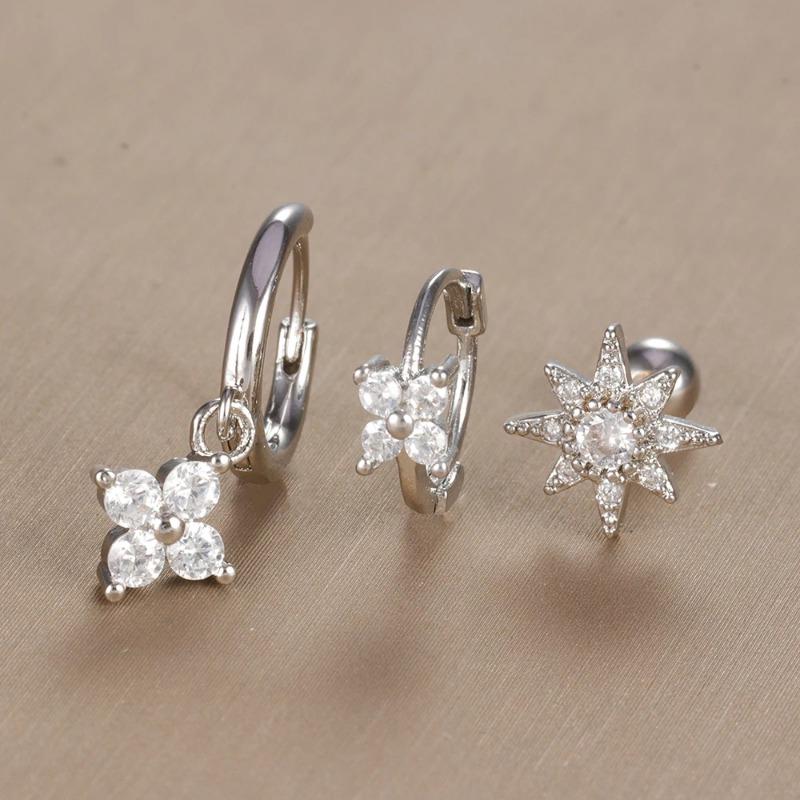 

3 шт. винтажный дизайн, четыре цветка, циркониевые серьги-кольца, набор для женщин, крошечные серьги из нержавеющей стали для пирсинга хряща, ювелирные изделия, подарок 3 PCS WITH A SET