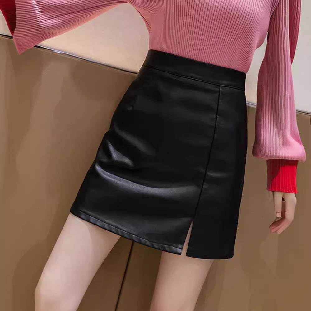 Women's High-Waist PU Leather A-Line Skirt - Black Slit Short Skirt for Autumn/Winter
