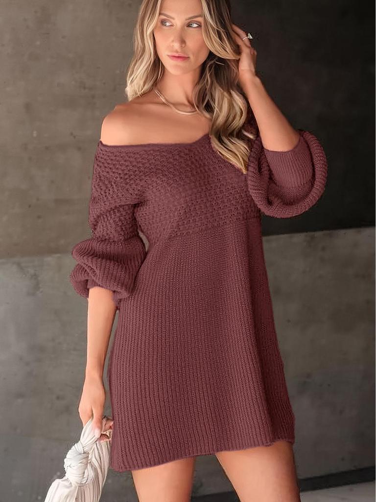 Rochie Tricotată Retro cu Mâneci Lanternă și Decolteu în V - Stil European și American de Toamnă/Iarnă