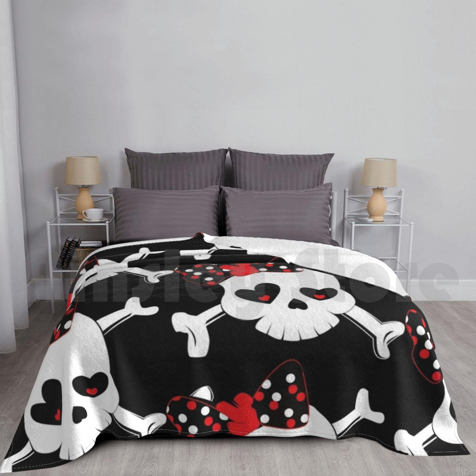 Skulls & Bones Blanket For Sofa Bed Travel Skull And Cross Bones Girly Skulls Skulls With Bows Hearts Heart Size: 75*100cm, Weight: 230 GSM