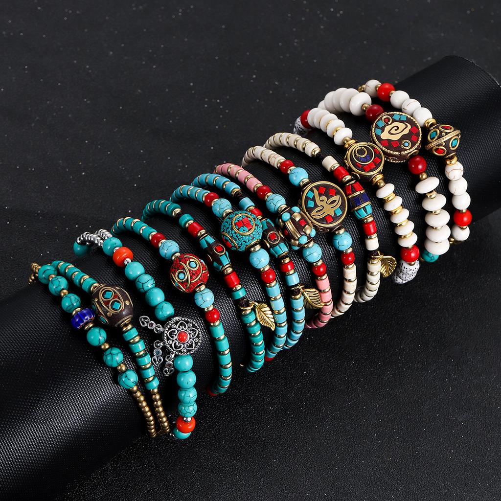 Ethnic Nature Stone Nepal Copper Beads Bracelet Women Men Vintage Tibetan Buddhist Mantra Hand Prayer Wheel Bracelets Zircon