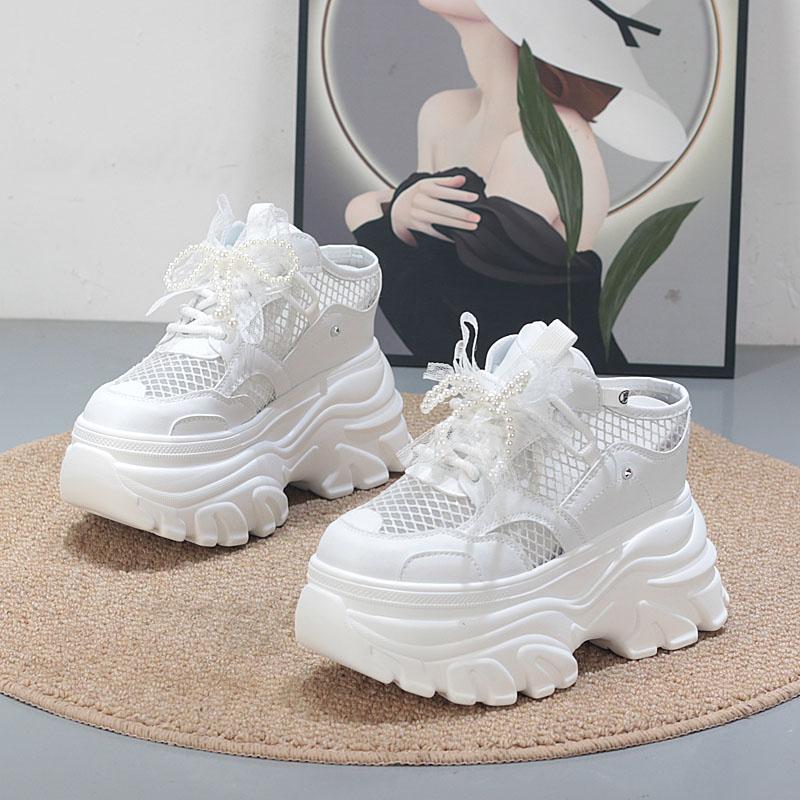 Fashion 11CM Air Mesh Lace Genuine Leather Comfy Platform Wedge Slippers High Brand Breathable Summer Platform Wedge Casual Shoes