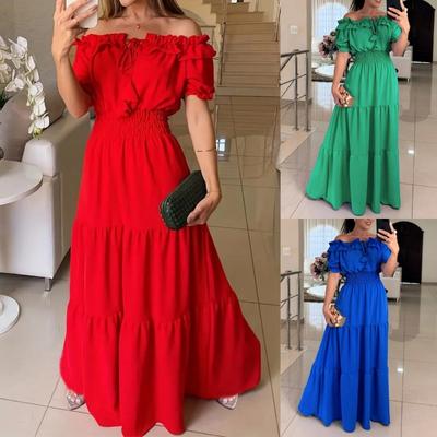 Neues modisches einfarbiges Schnür-Rüschenrand-One-Shoulder-Blusenärmel-Kleid Damenbekleidung