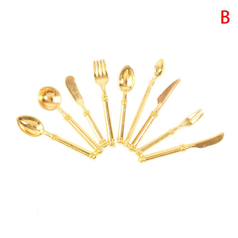 9Pcs/set Vintage Dollhouse Miniatures Tableware Mini Cutlery Knife Fork Spoon Childrens Toy For Doll House Decor