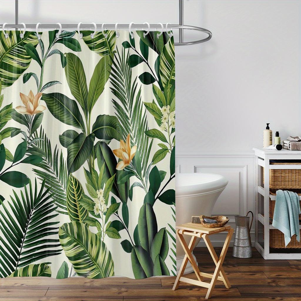 1pc Tropical Leaf Print Shower Curtain - Privacy Bathroom Barrier & Home Decor with Hooks, All-Season Polyester Fabric