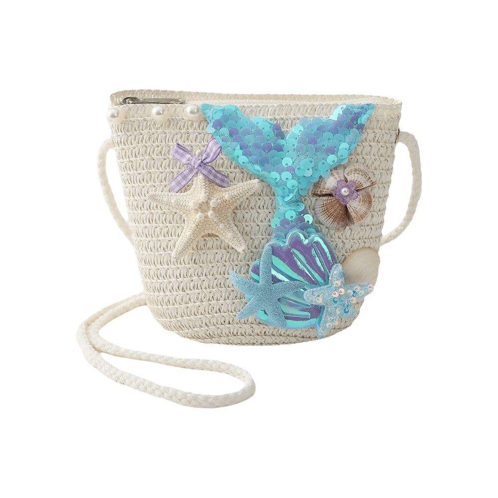 Straw Woven Mermaid Crossbody Bag Breathable Kids Shoulder Bag Fashionable Match Beach Bag Cartoon