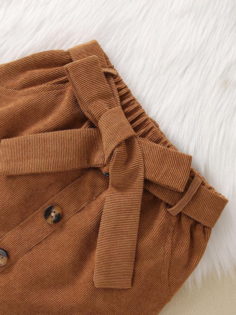 Black Ribbed Round Neck Long Sleeve Top + Girls Fashion Yellow Brown Half Skirt Set