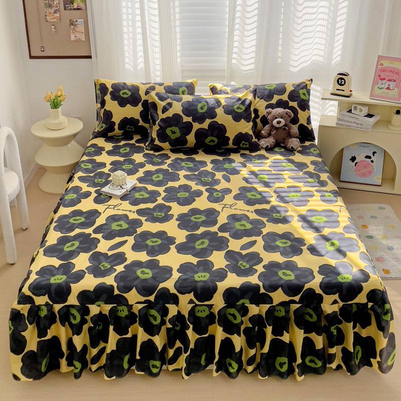All Season Universal Ruffle Edge Single Bed Cover Printed Cotton Bed Skirt Three Piece Set Soft Comfortable Bedding Bedspread