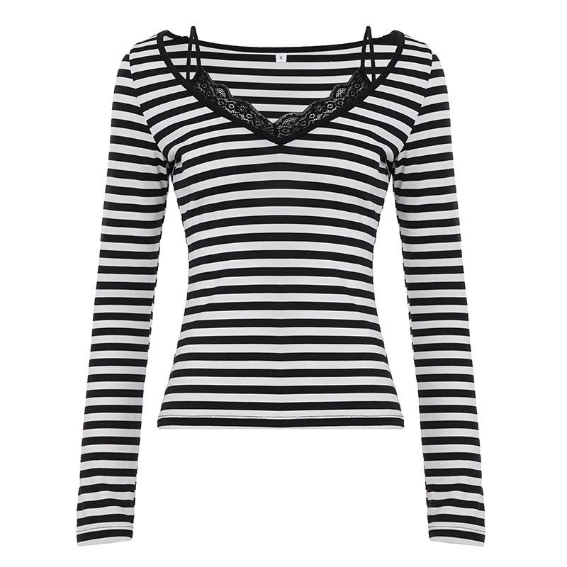 

European & American Style V-Neck Lace-Trim Striped Long-Sleeve Slim-Fit Two-Piece Look Top for Women Large чорний/білий