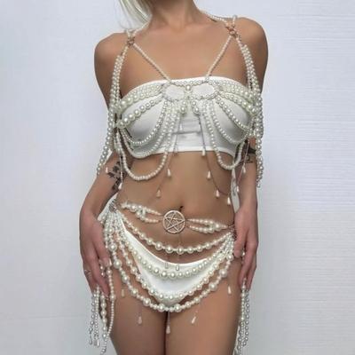 Sexy řetízek na hrudník, Vesta, Perlový design, Řetízek na pas, Perla, Dutý řetízek, Patchworková sada, Párty oděv