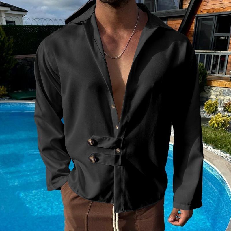 Mens Solid Color Casual Lapel Long Sleeve Shirt