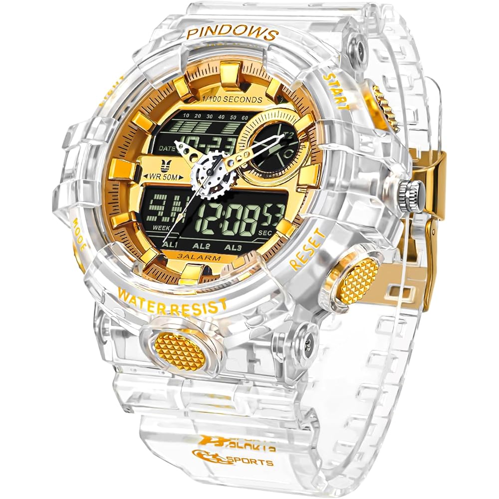 PINDOWS Men s Analog Digital Dual Time Watch Gold Transparent 50m Waterproof LED Backlight Multi-Function Sports Watch