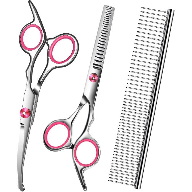 Dog Grooming Scissors with Safety Round Tip,Pet Grooming Scissors Kit,Dog Shears for Grooming,Incude Thinning,Curved Grooming Scissors and Comb for